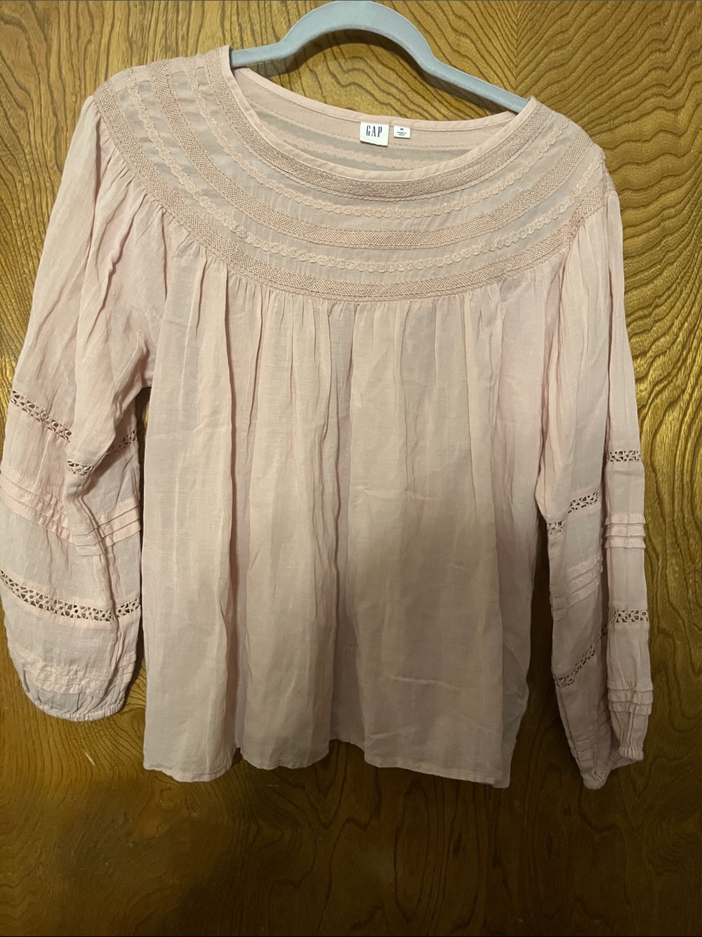 M GAP Feminine Pintuck & Lace Yoke Blouse in Pale Pink